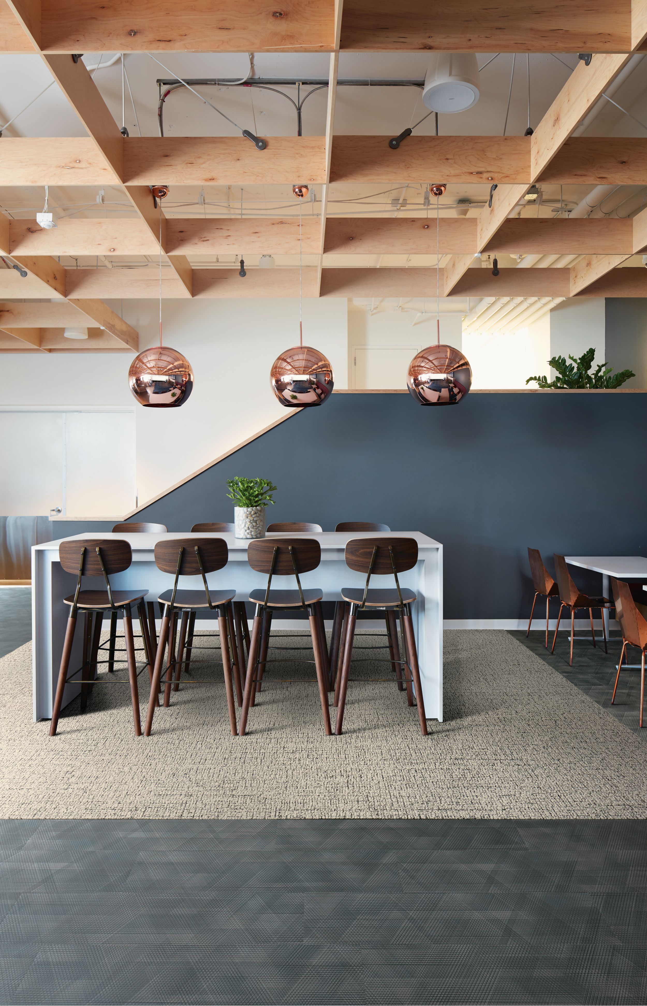 Interface Haptic plank carpet tile and Drawn Lines LVT in public office space with wood grid ceiling Bildnummer 2